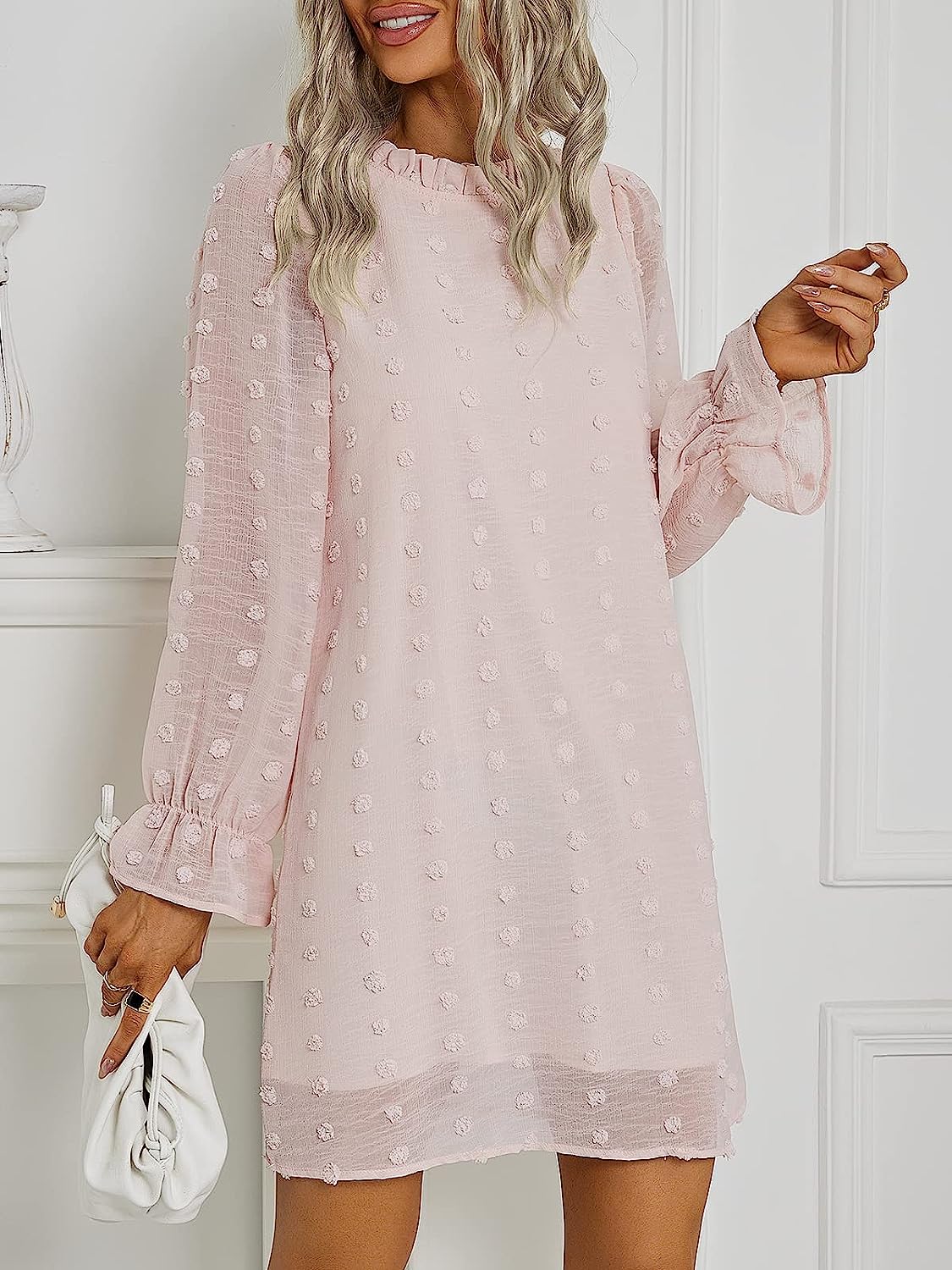 Adibosy Women's Dress Long Sleeve Swiss Dot Mini Dresses Round Neck Loose Chiffon Casual Short Dress - Image 3